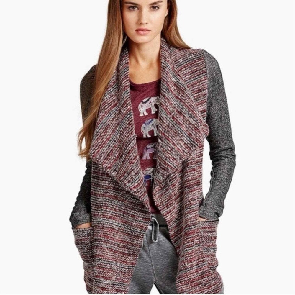 Lucky Brand Wrap Cardigan Sweater‎ Knit Open Front Maroon Gray Medium